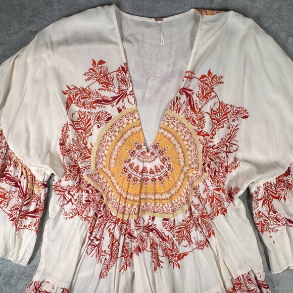 FREE PEOPLE Sunset Dreams Bell Sleeve Tunic Top sz M Flowy Boho Hippie 70s - Picture 3 of 11